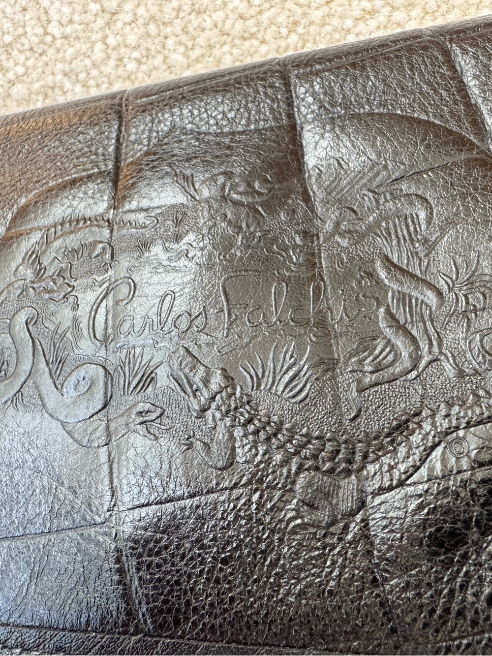 Carlos Falchi Leather Crocodile Embossed w HUGE Signature Logo